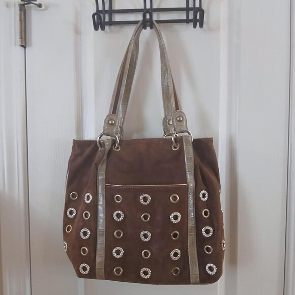 Vintage Y2K brown suede gold bling rhinestone Kathy Van Zeeland purse - Picture 1 of 7